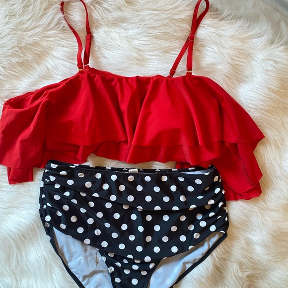 Two piece off shoulder bikini high waist red polka dots - Picture 2 of 4